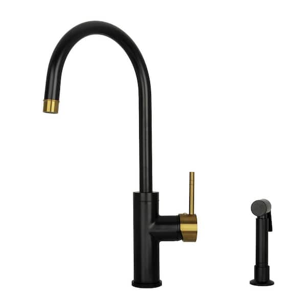 Akicon Single Handle Deck Mount Standard Kitchen Faucet with Side Spray in Black and Gold