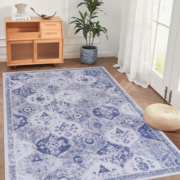 5 ft. x 8 ft. Blue Abstract Floral Area Rug for Bedroom, Dining Room, Living Room
