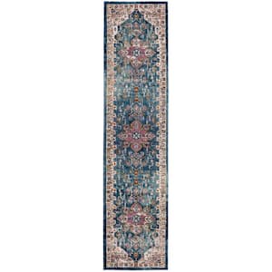 Aria Blue/Cream 2 ft. x 6 ft. Border Distressed Floral Runner Rug