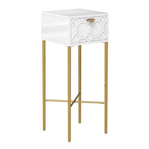 11.7 in. Square White Wood End Table with Metal Stand