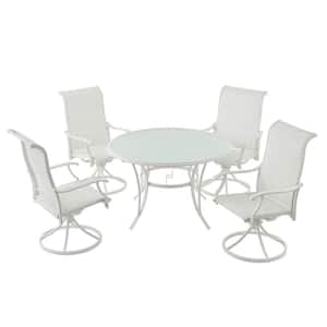 Riverbrook Shell White 5-Piece Outdoor Patio Aluminum Round Glass Top Dining Set with Padded Sling Swivel Chairs