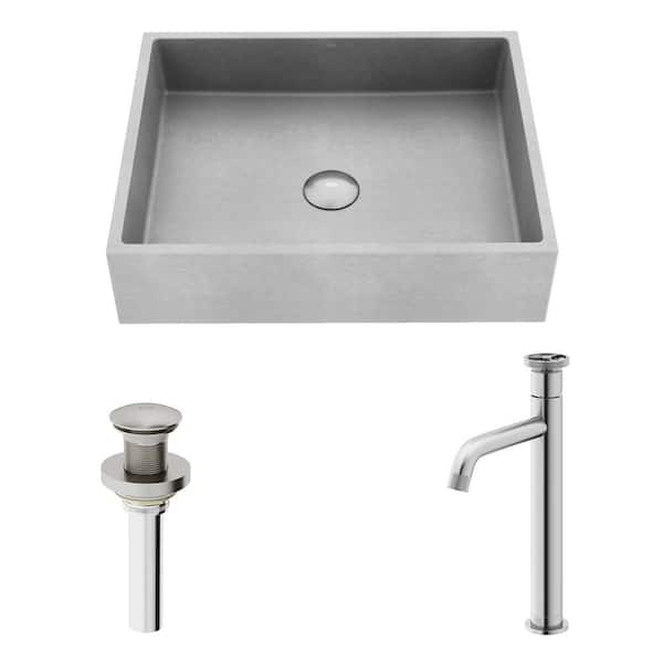 VIGO Coca Gray Concreto Stone Rectangular Bathroom Vessel Sink with Cass Vessel Faucet and Pop-Up Drain in Brushed Nickel