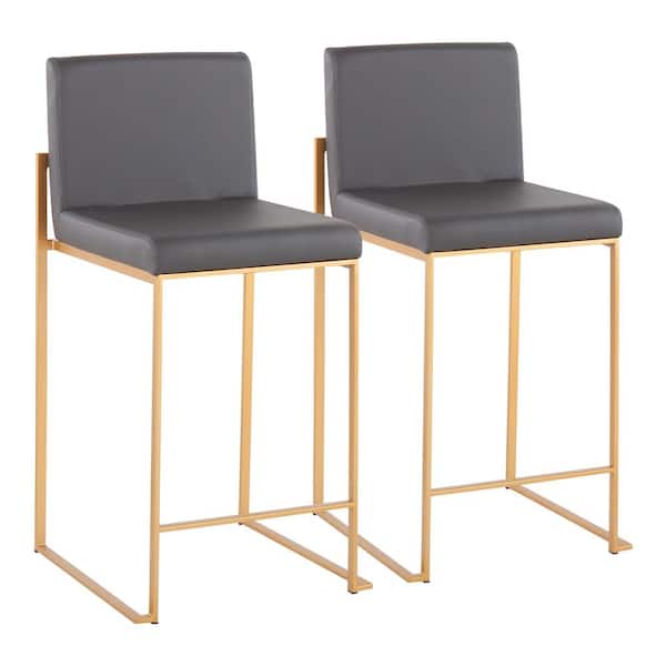 Lumisource Fuji 35.5 in. Grey Faux Leather and Gold Steel High Back Counter Height Bar Stool (Set of 2)