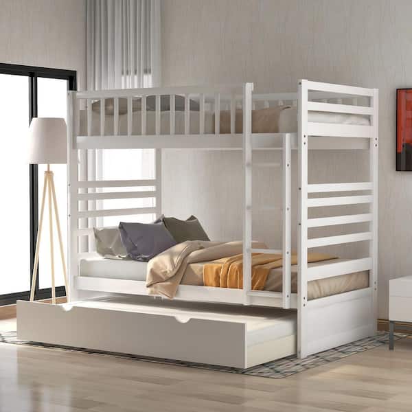 Harper & Bright Designs White Twin over Twin Solid Wood Bunk Bed with Trundle