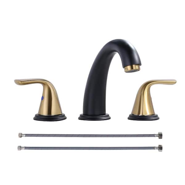 IVIGA 8 in. Widespread Double Handle High Arc Bathroom Faucet with Pop Up Drain Kit and Supply Lines in Black and Gold