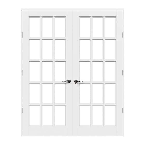 64 in. x 80 in. 15-Lite Clear Glass Universal White Solid Core Glass Interior French Door Kit with Quick Assemble Jamb