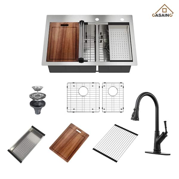 CASAINC Handmade 33 in. All-in-One Topmount Drop-in Double Bowl 18 Gauge Stainless Steel Kitchen Sink with Kitchen Faucet