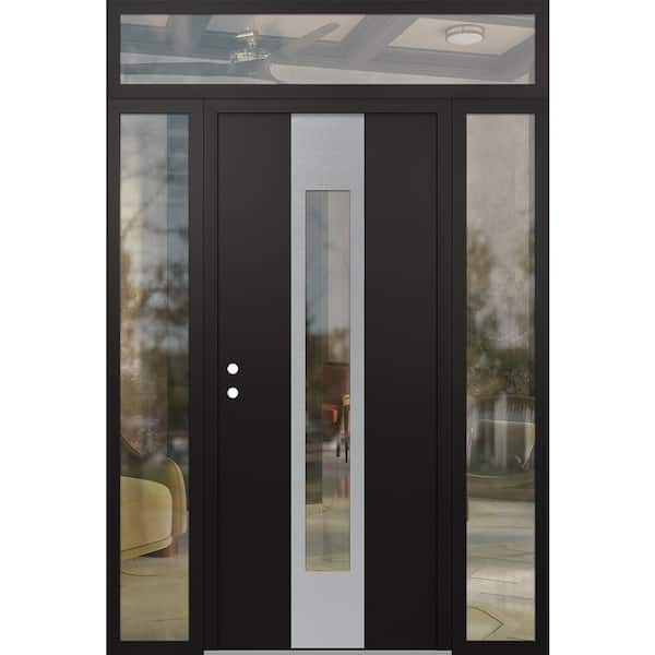 A1 64 in. x 96 in. Silver P Right-Hand/Inswing Clear Glass Black/Black 2 Sidelite+Transom Steel Prehung Front Door