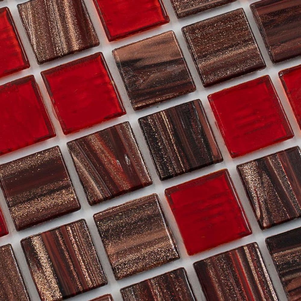 Mingles 12" x 12" Glossy Red and Brown Glass Mosaic Tile