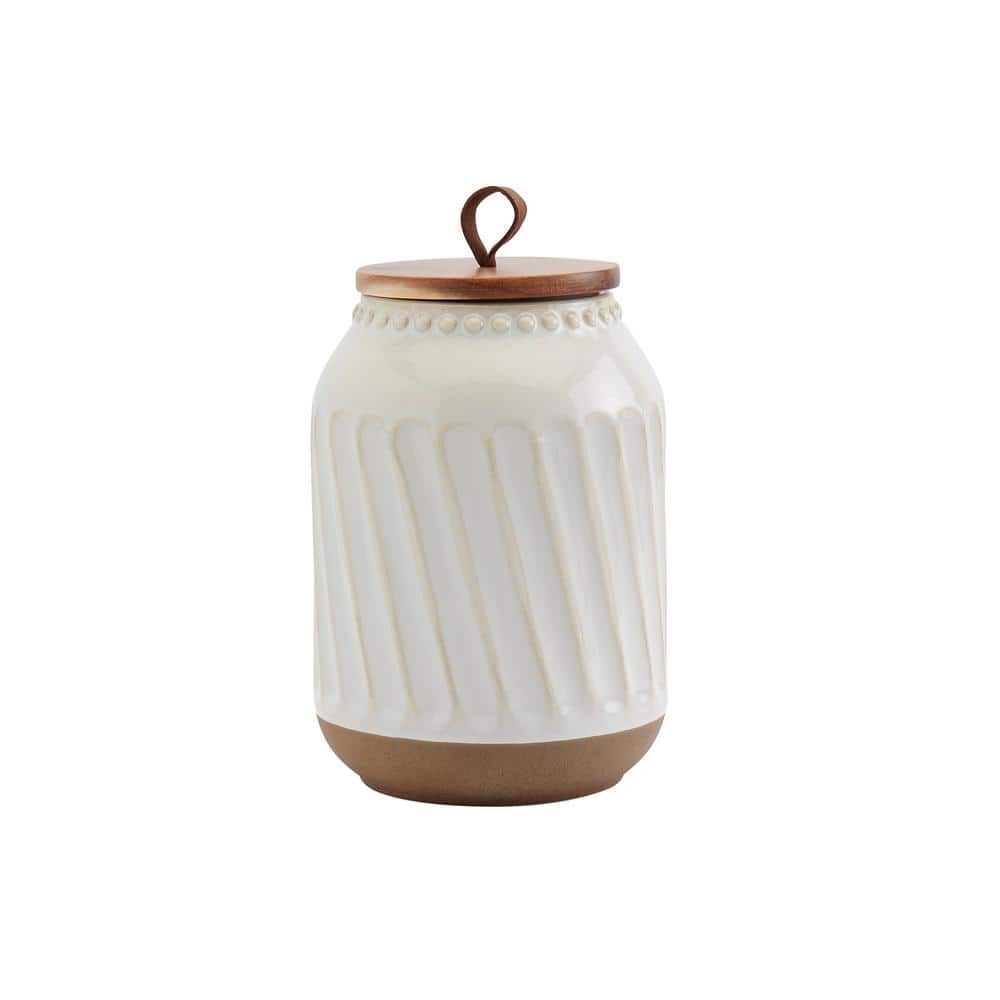 Embossed White Ceramic Canister Set with Acacia Wood Lids, 3 Piece