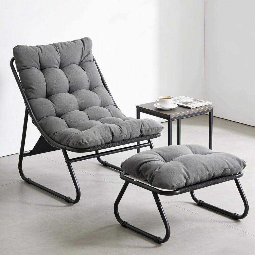 Modern Gray Microfiber Puffy Cushion Recliner with Footstool