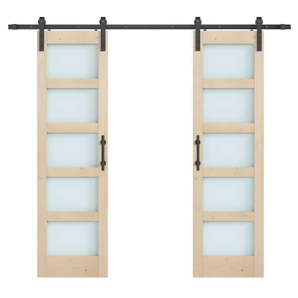 64 in. x 84 in. (Double 32 in.) 5 Lite Frosted Glass Spruce Finished Solid Wood Sliding Barn Door with Hardware Kit
