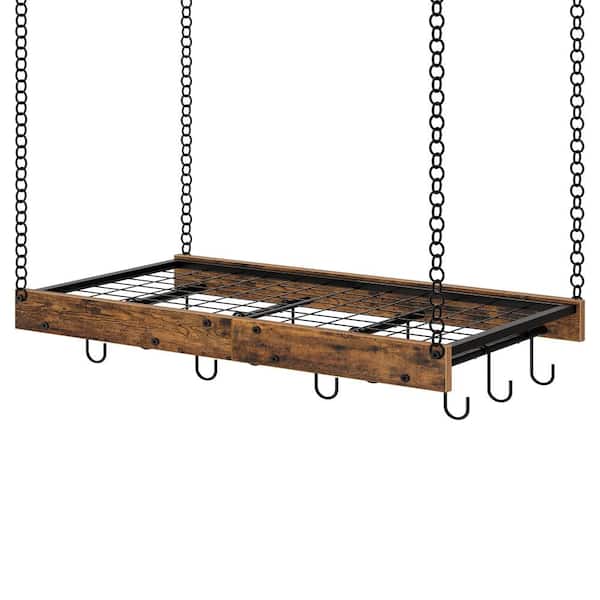 Rustic Brown and Black Ceiling Mounted Pot Rack with 12 Hooks, Hanging Shelf Storage