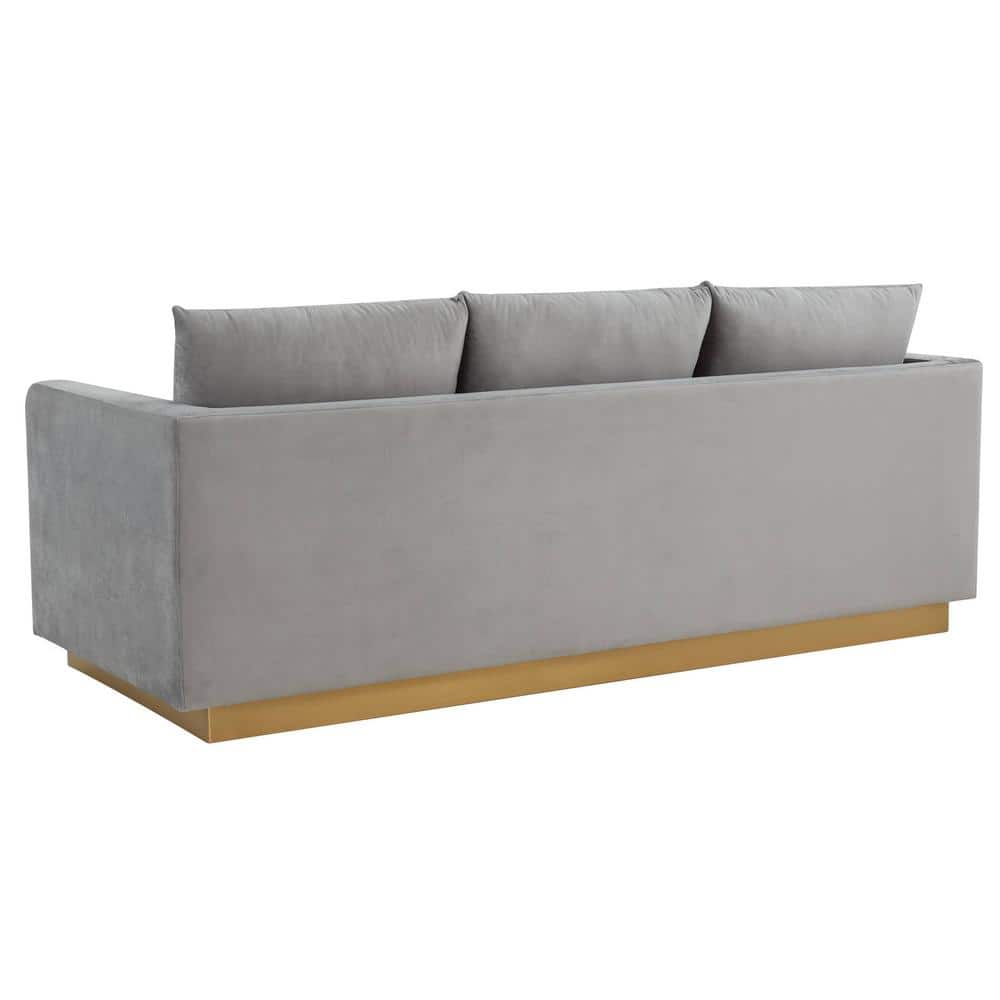 LeisureMod Nervo 65'' Light Grey Velvet Upholstered Sofa with Gold Frame