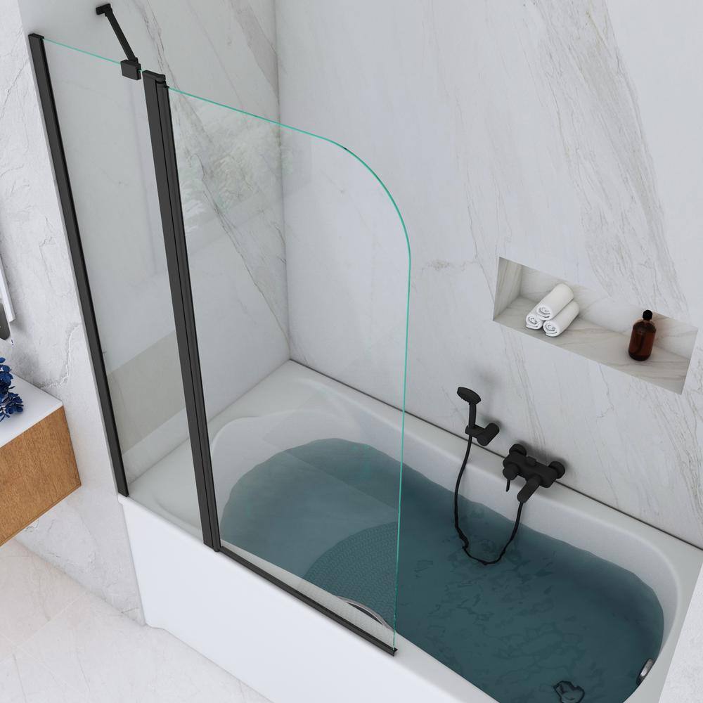 Matte Black Frameless Hinged Tub Door with Clear Tempered Glass
