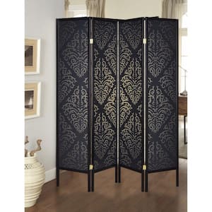 Captivating Black 4-Panel Folding Screen Room Divider with Damask Print