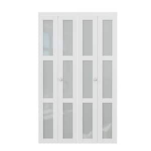 48 in. x 80 in. 3-Lite Tempered Frosted Glass Solid Core White Finished MDF Interior Closet Bi-Fold Door with Hardware