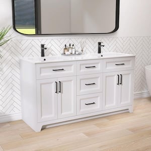 60 in. W x 22 in. D x 34 in. H Double Sinks Freestanding Shaker Bath Vanity in White with Solid Surface Resin Vanity Top