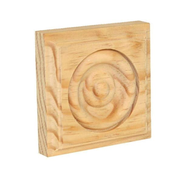 Alexandria Moulding 7/8 in. x 3-3/4 in. x 3-3/4 in. Pine Wood Rosette Outside Corner Block Moulding