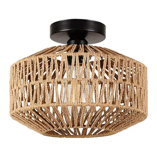 PUDO 11.8 in. 1-Light Bohemian Style Mini Rattan Woven Brown Flush Mount Ceiling Light for Hallway Bedroom Kitchen Entryway