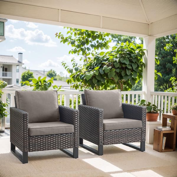 Brown Modern Wicker Outdoor Lounge Chair, Rattan Armchair with Gray Cushions for Balcony Porch (2-Pack)