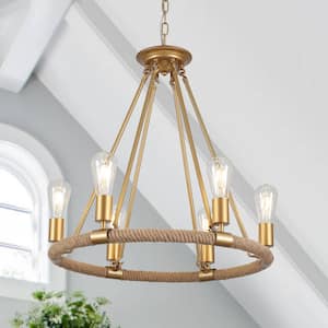 6-Light Spray Gold Wagon Wheel and Woven Design Linear Chandelier for Living Room with No Bulbs Included