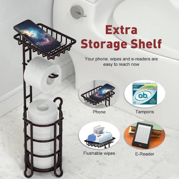 Toilet Paper Stand With Shelf and Extra Storage 3 Rolls Paper 