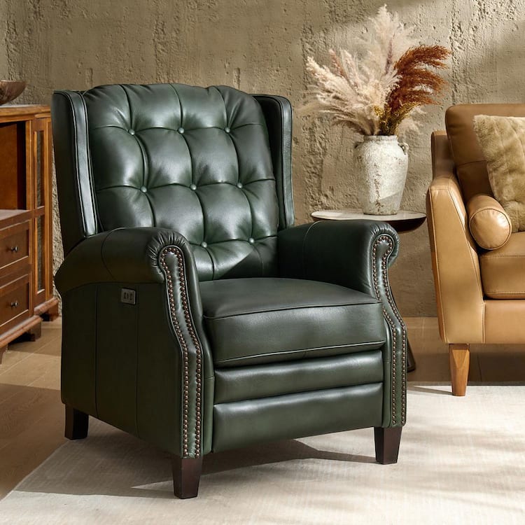 JAYDEN CREATION Carlos Green 29.25''W Genuine Leather Power Recliner with Solid Wood Legs