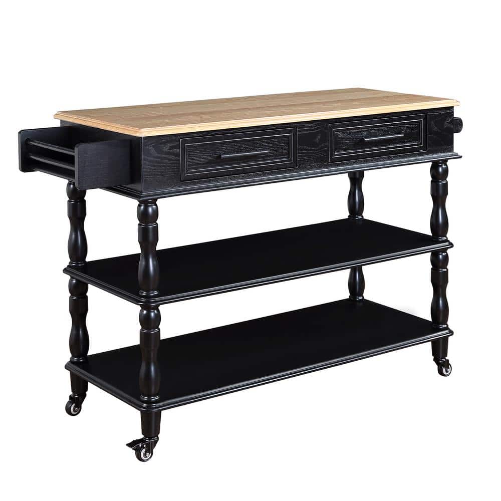 Black Wood Rolling Outdoor Grill Cart, Indoor Large Kitchen Island Cart Bar