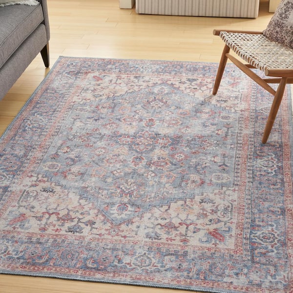 57 Grand Machine Washable Blue/Multi 5 ft. x 7 ft. Bordered Traditional Area Rug