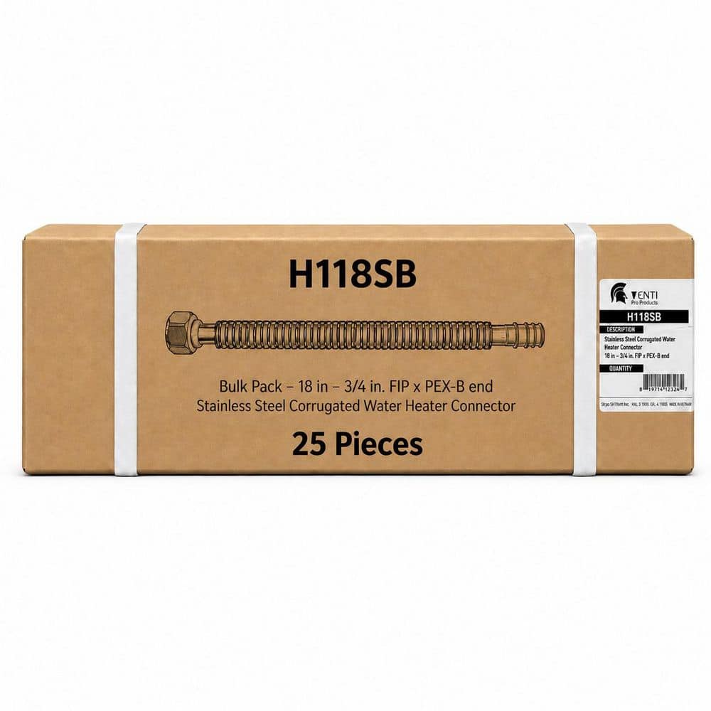 18 in - 3/4 in. FIP x PEX -B end Stainless Steel Corrugated Water Heater Connector Bulk Pack - 25 Pieces
