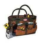 12 Inch Open Top Tool Tote Bag – 9 Pockets, 600D Polyester, Padded Handle, Brown/Green