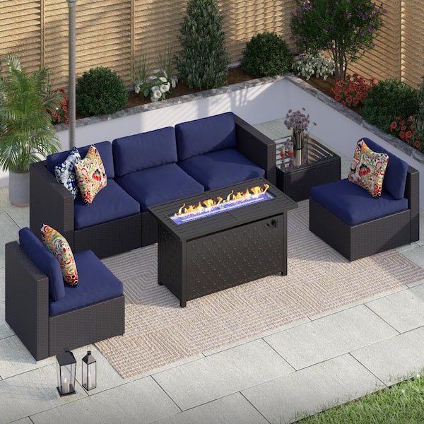 PHI VILLA Dark Brown Rattan Wicker 5 Seat 7-Piece Steel Outdoor Fire Pit Patio Set with Blue Cushions, Rectangular Fire Pit Table