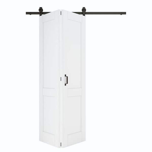 60 in. x 80 in. Paneled 2-Lite White Primed MDF Bifold Sliding Barn Door with Hardware Kit