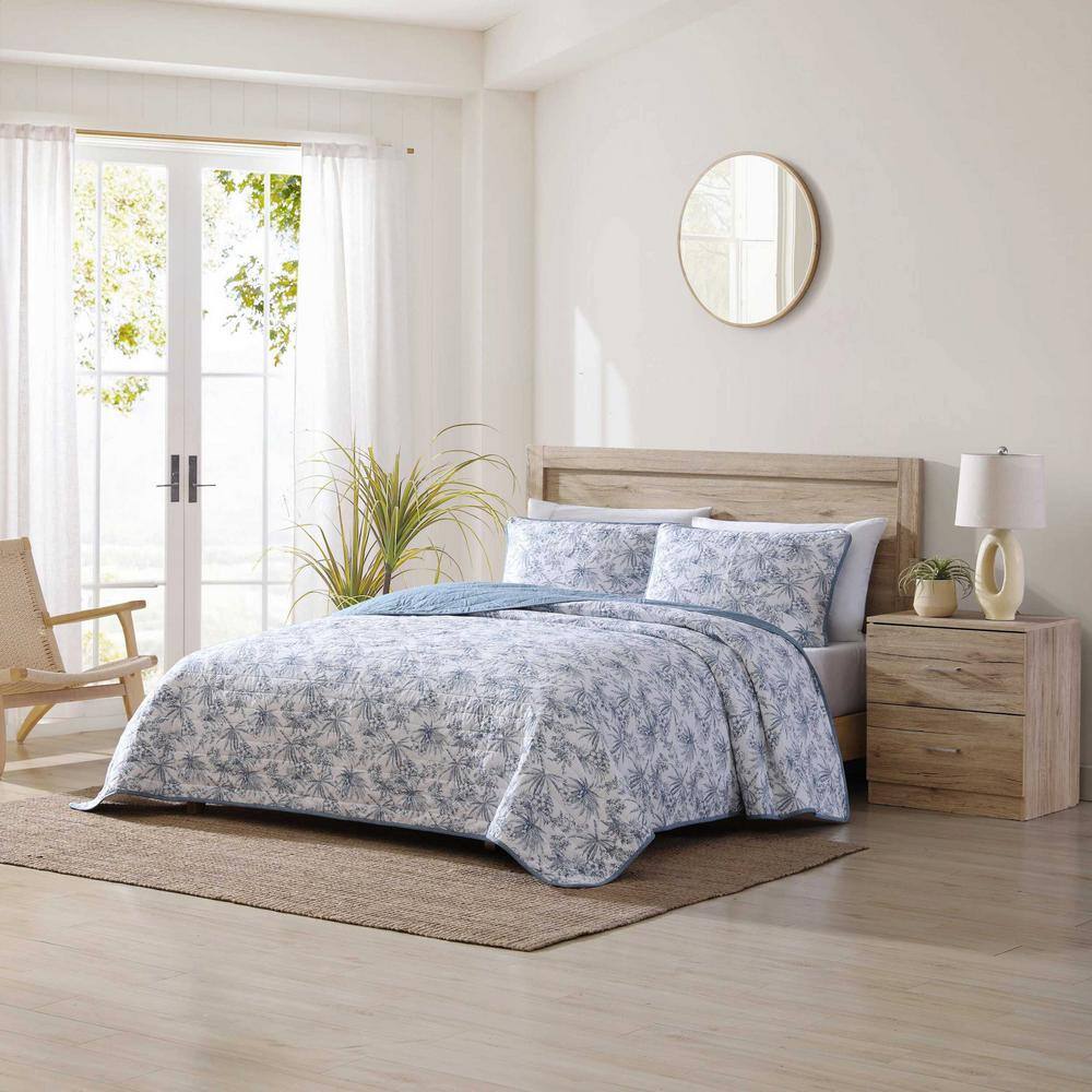 Blue Cotton Twin Reversible Quilt Set with Trim