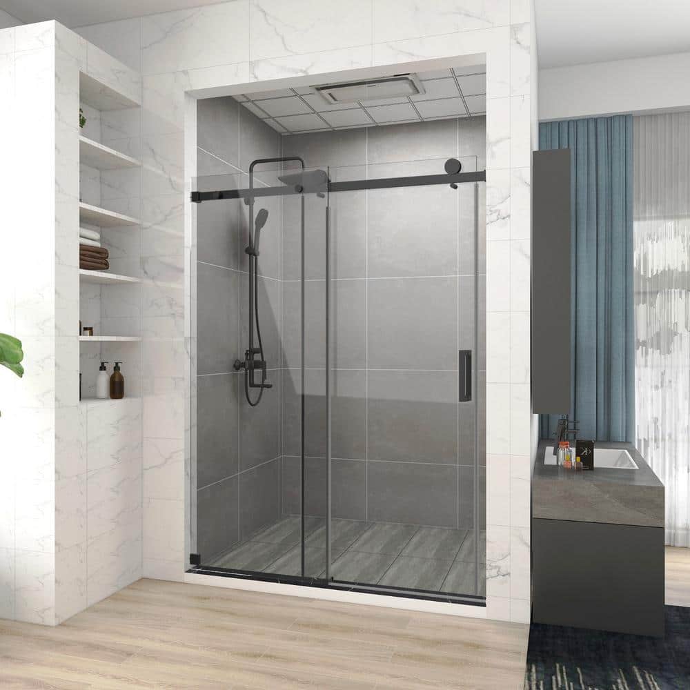 60'' Matte Black Frameless Sliding Shower Enclosure with Clear Glass
