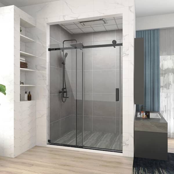 60 in. W x 76 in. H Single Sliding Frameless Corner Shower Enclosure in Matte Black with Clear Glass