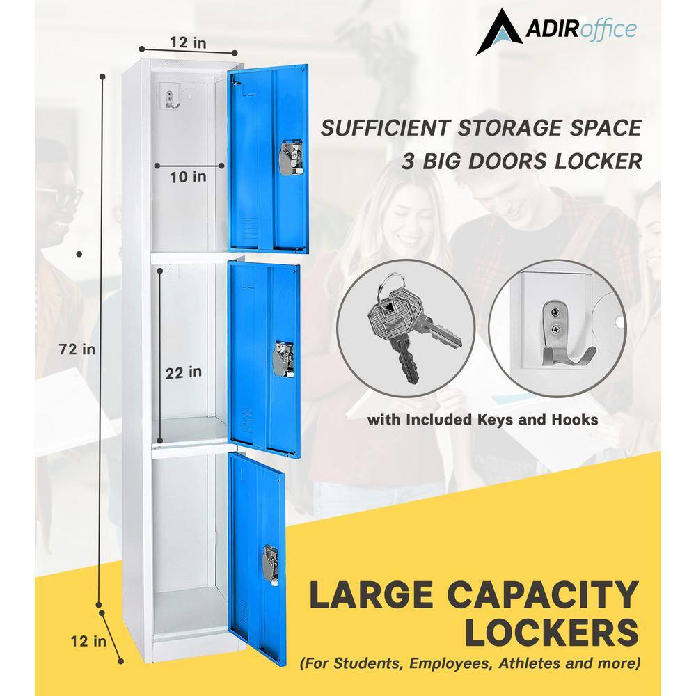 AdirOffice 72'' Blue Steel 3-Tier Storage Lockers with Vented Doors