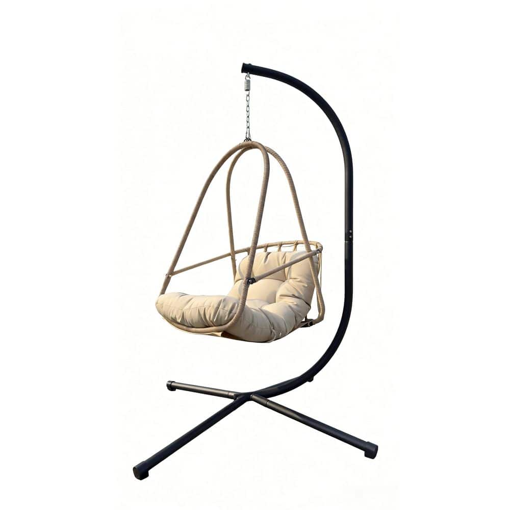 Metal Patio Swing Egg Chair with Stand Removable Guardrail Cup Holder Foldable Rattan Hanging Chair with Cushion