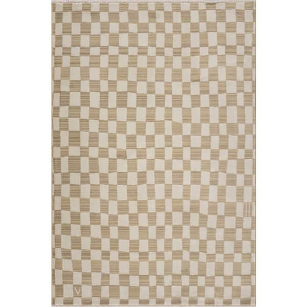 Dominique Abstract Checkered Fringe Area Beige 4 ft. x 7 ft. Indoor Area Rug
