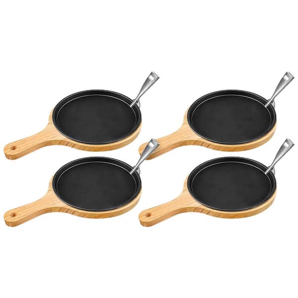 4-Piece Cast Iron Fajita Plate Set Pre-Seasoned with Wooden Trays and Anti-Scald Handles for BBQ or Kitchen Utensils Set