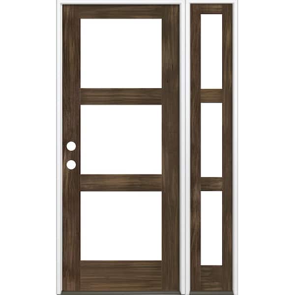 Krosswood Doors 50" x 96" Modern Hemlock Right-Hand/Inswing 3-Lite Clear Glass Black Stain Wood Prehung Front Door with Right Sidelite