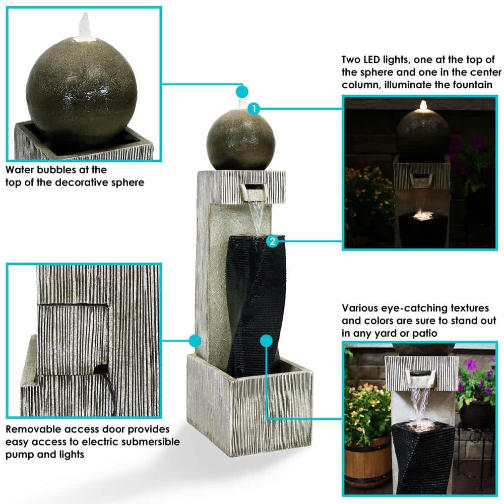 35" Black and Gray Polyresin Modern Outdoor Water Fountain with LED Lights
