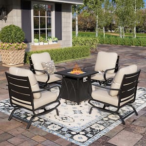 Black Metal 4-Seat 5-Piece Steel Outdoor Fire Pit Patio Set with Beige Cushions, Motion Chairs and Square Fire Pit Table