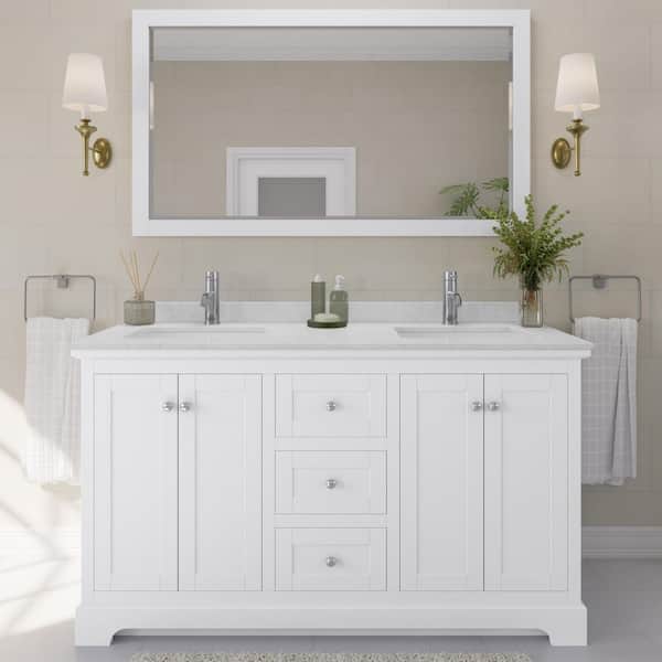 Wyndham Collection Avery 60in.Wx22 in.D Double Vanity in White with Cultured Marble Vanity Top in Light-Vein Carrara with White Basins