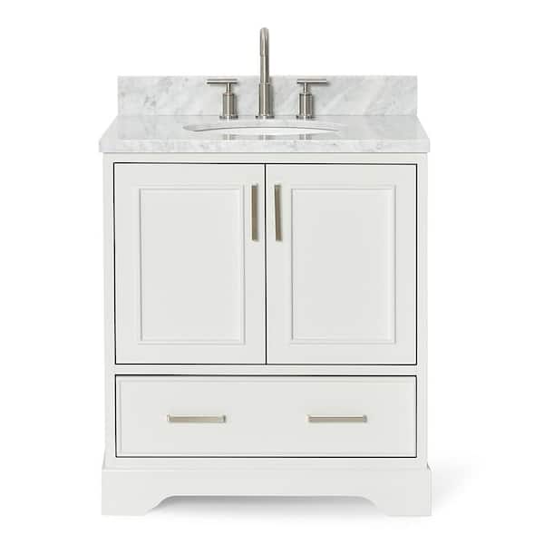 Stafford 30 in. W x 22 in. D x 35.25 in. H Single Sink Freestanding Bath Vanity in White with Carrara White Marble Top