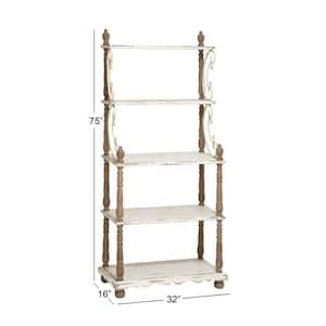 75 in. 5 Shelf Wood Stationary White Scroll Shelving Unit with Brown Spindle Sides and Ball Feet