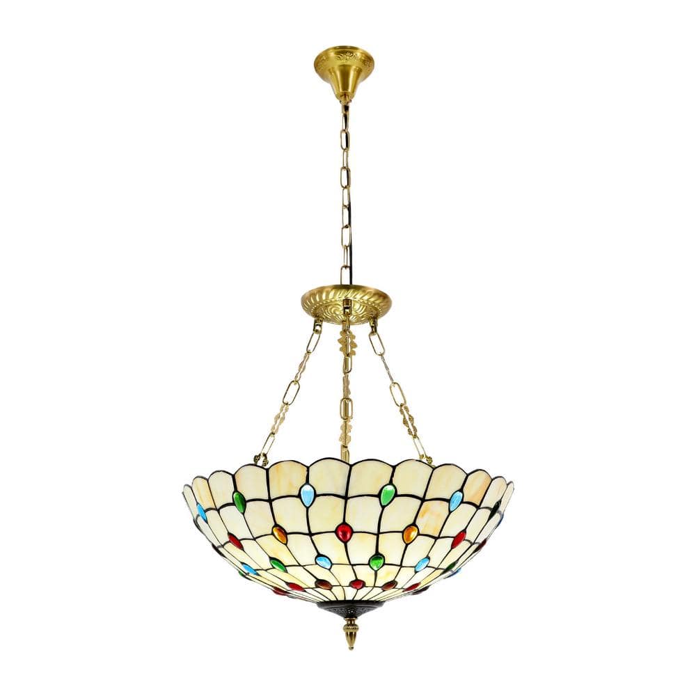 OUKANING 20.5 in. 5-Light Retro Stained Glass Shade Semi-Flush