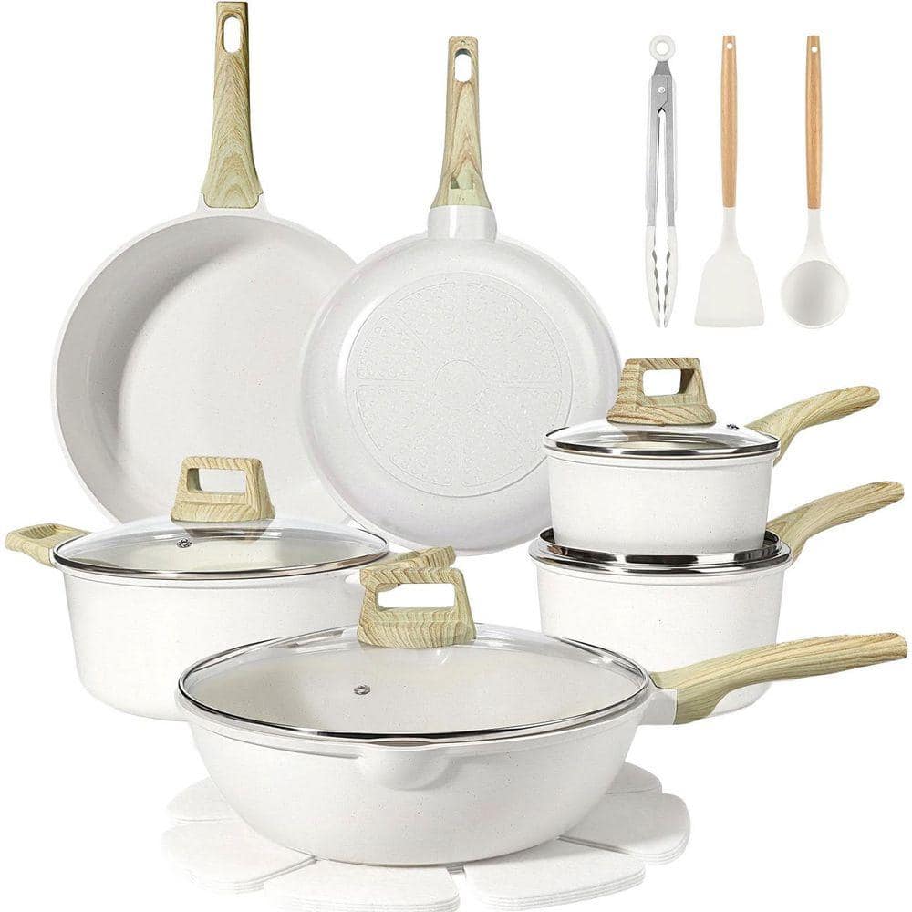 UUDULY 18 Piece White Ceramic Nonstick Cookware Set with Aluminum