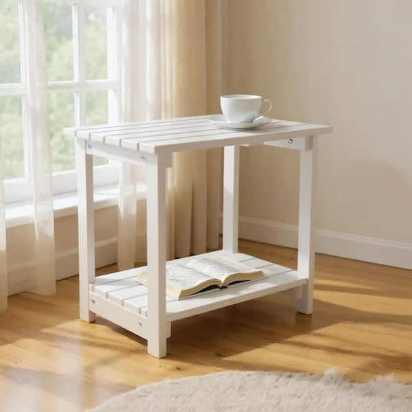 19.5 in. White Outdoor 2 Tier Acacia Wood Side Table